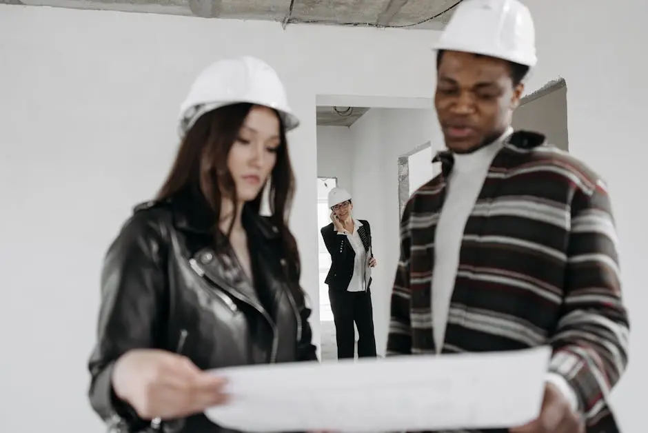 Interracial team of architects reviewing plans inside a new construction site.