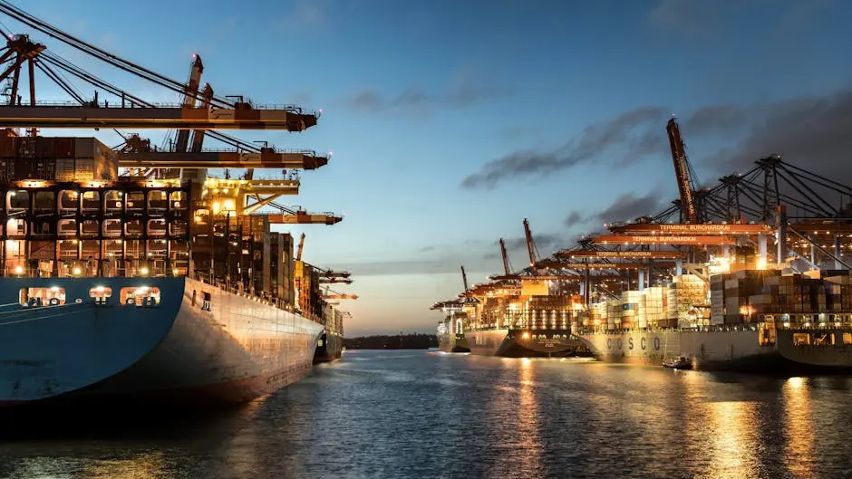 A scenic view of container ships moored at Hamburg harbor during sunset, highlighting logistics and shipping operations.
