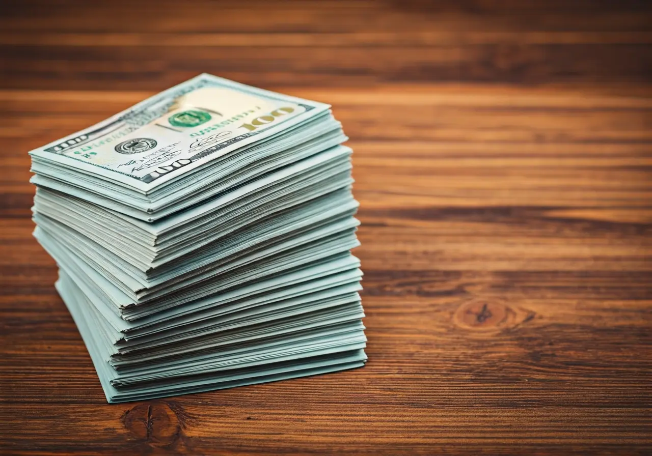 A stack of hundred-dollar bills on a wooden table. 35mm stock photo