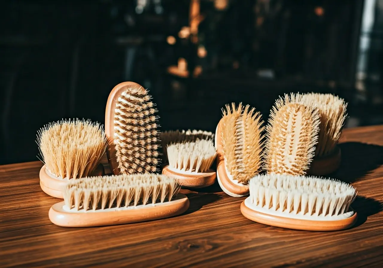 A selection of wave brushes displayed on a wooden table. 35mm stock photo