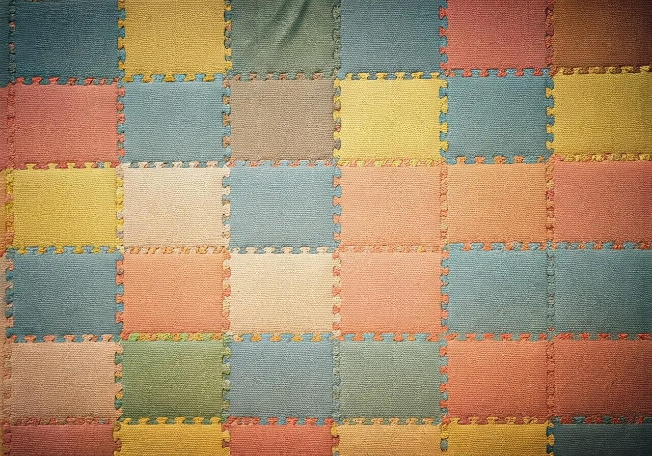 A variety of colorful baby mats neatly arranged on display. 35mm stock photo