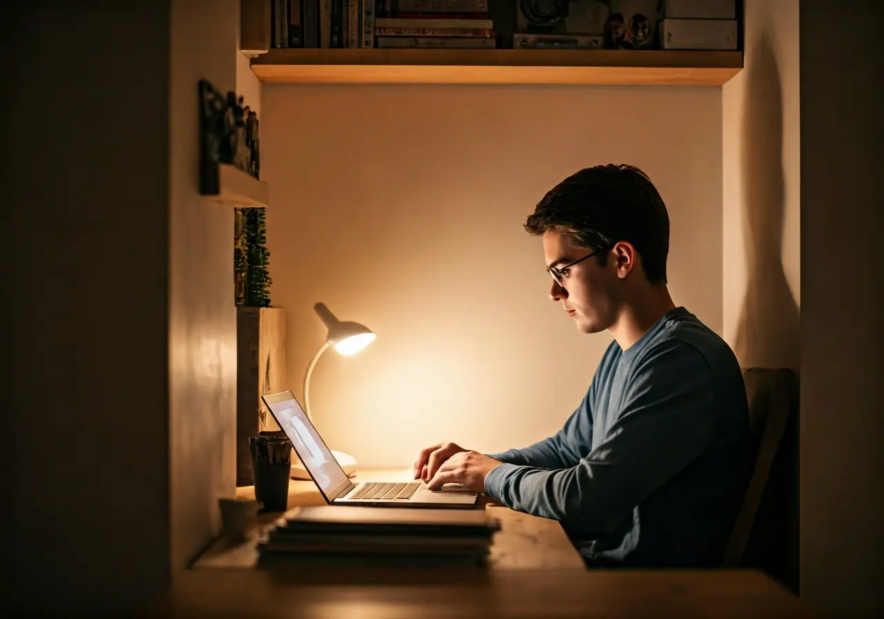 A calm student with a laptop in a cozy study nook. 35mm stock photo