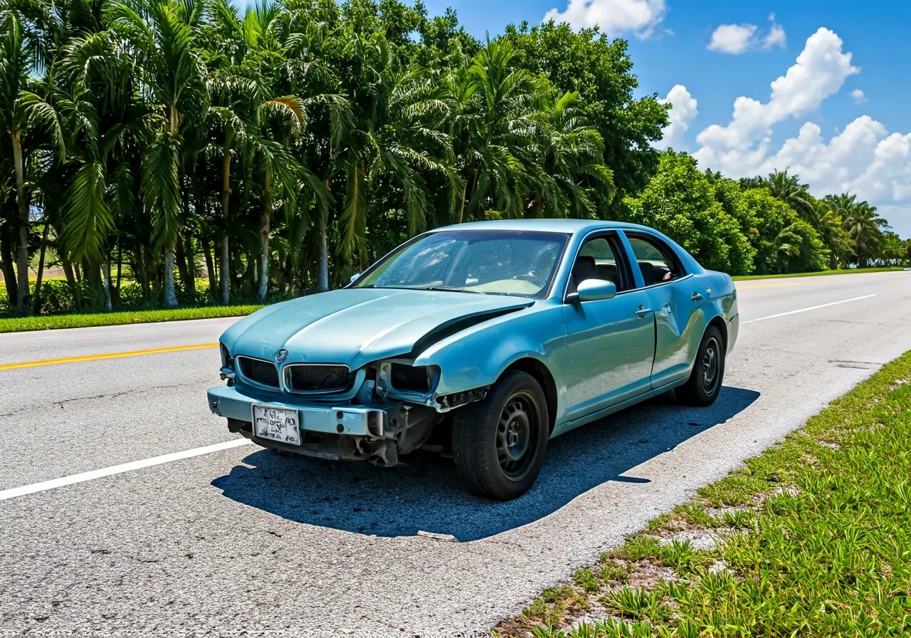 A damaged car on a sunny road in Jupiter, Florida. 35mm stock photo