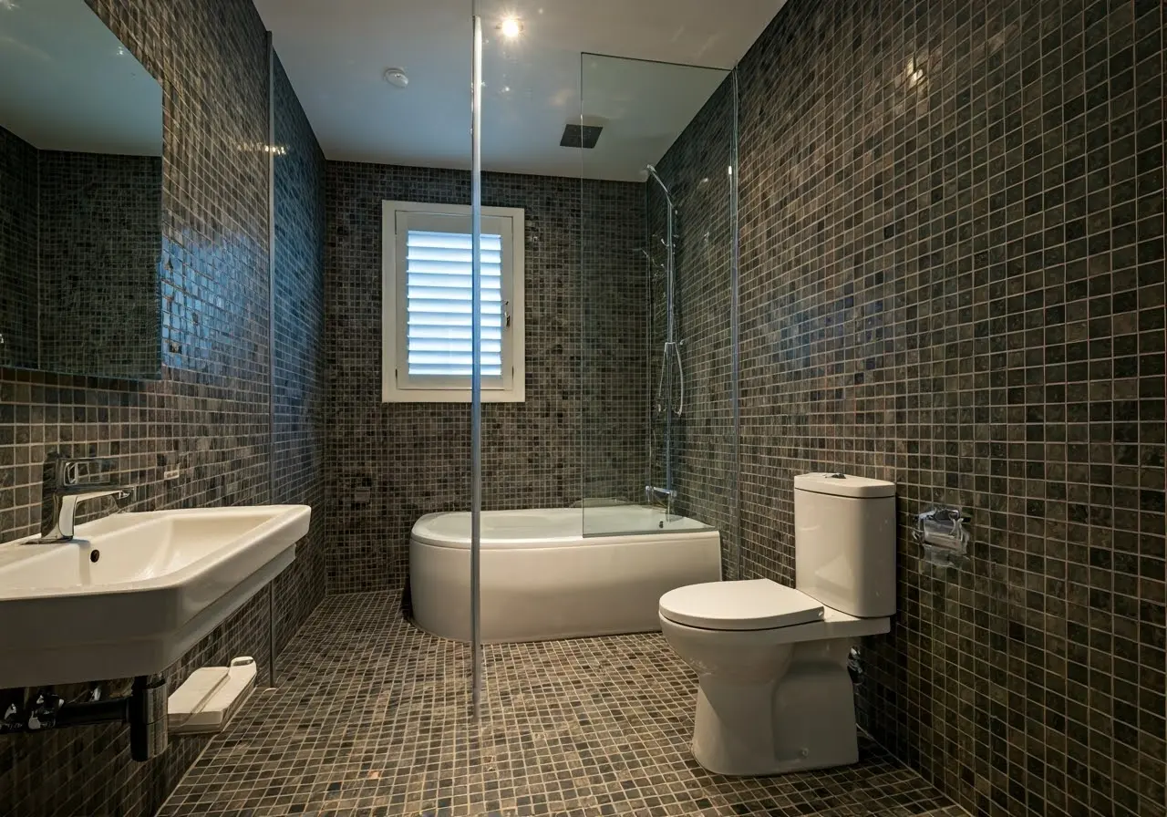 A modern, newly renovated bathroom with elegant fixtures and tiles. 35mm stock photo