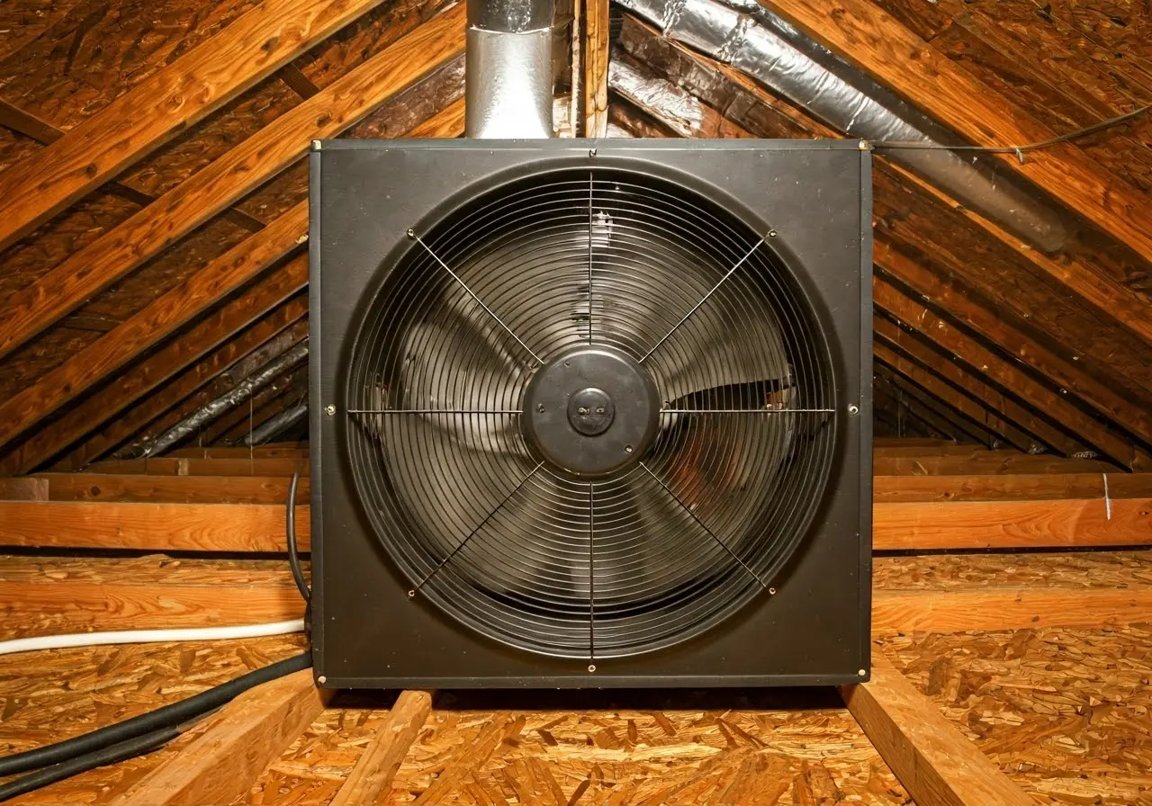 An attic fan in a well-insulated, clean attic space. 35mm stock photo