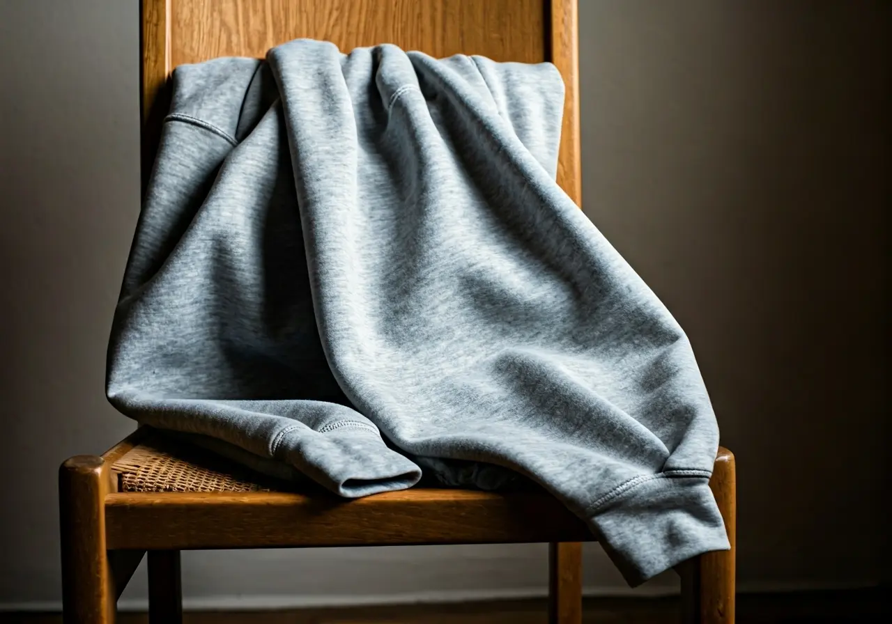 A cozy Christian sweatshirt draped over a wooden chair. 35mm stock photo