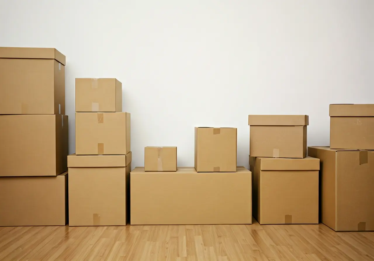A tidy, organized room with labeled moving boxes stacked neatly. 35mm stock photo