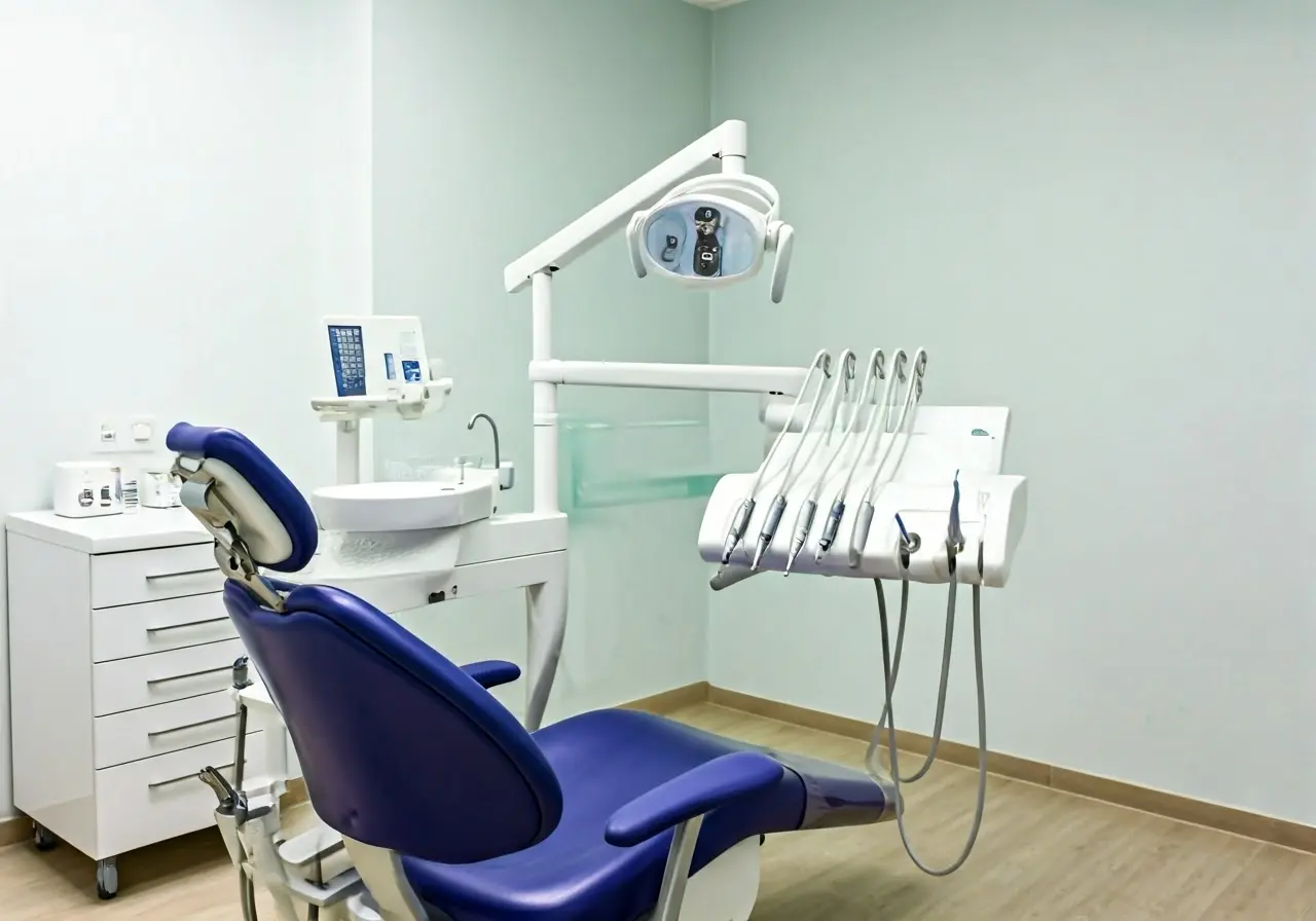 A dental office with tools and a bright, clean interior. 35mm stock photo
