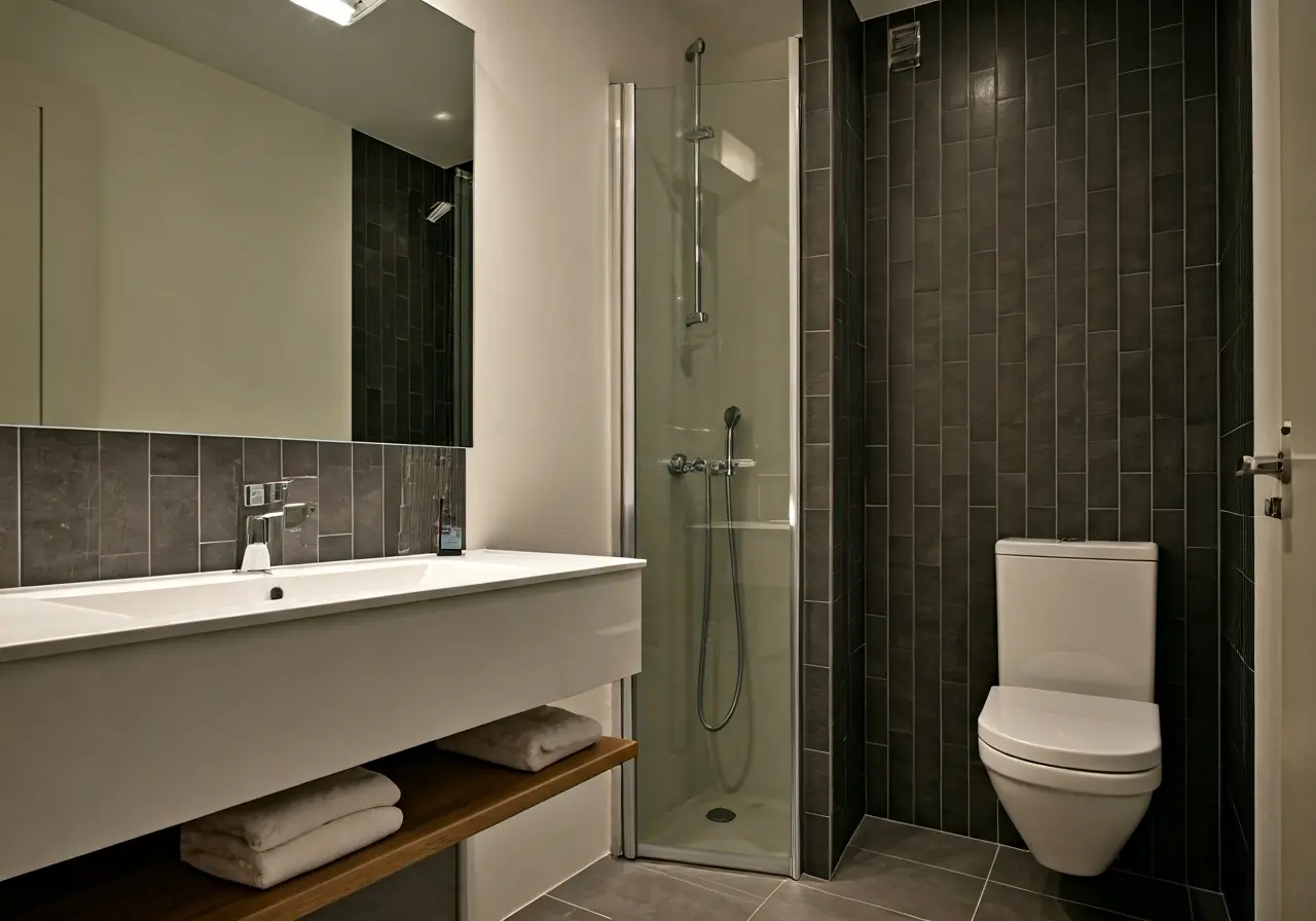 A modern, newly renovated bathroom with sleek fixtures and tiles. 35mm stock photo