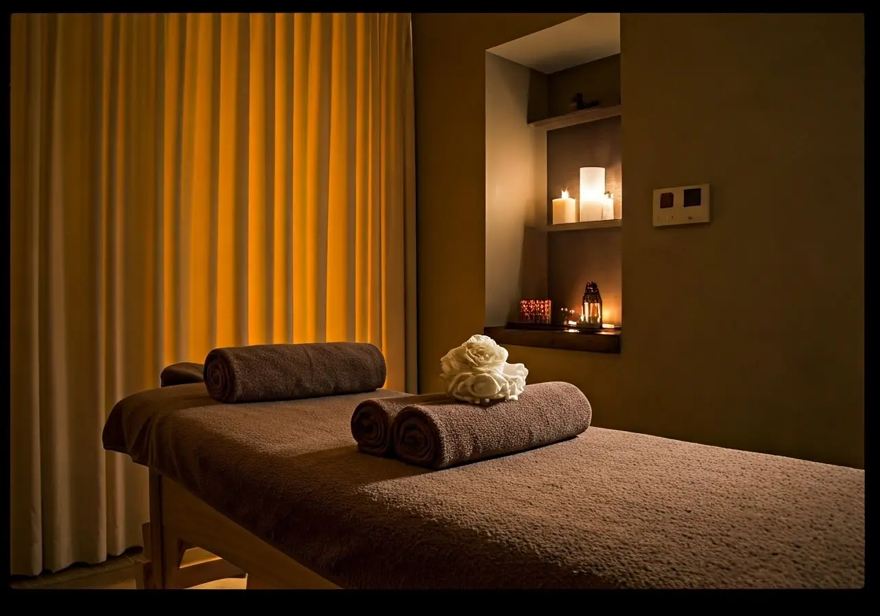 A serene massage room with soft lighting and calming decor. 35mm stock photo