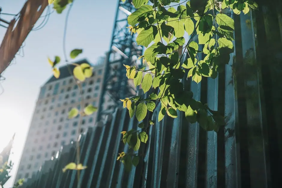 A vibrant close-up of green leaves on a sunny day with urban elements in the background.