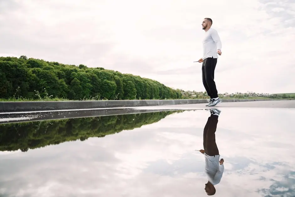 Man exercising with a jump rope on a clear day, reflected in water.