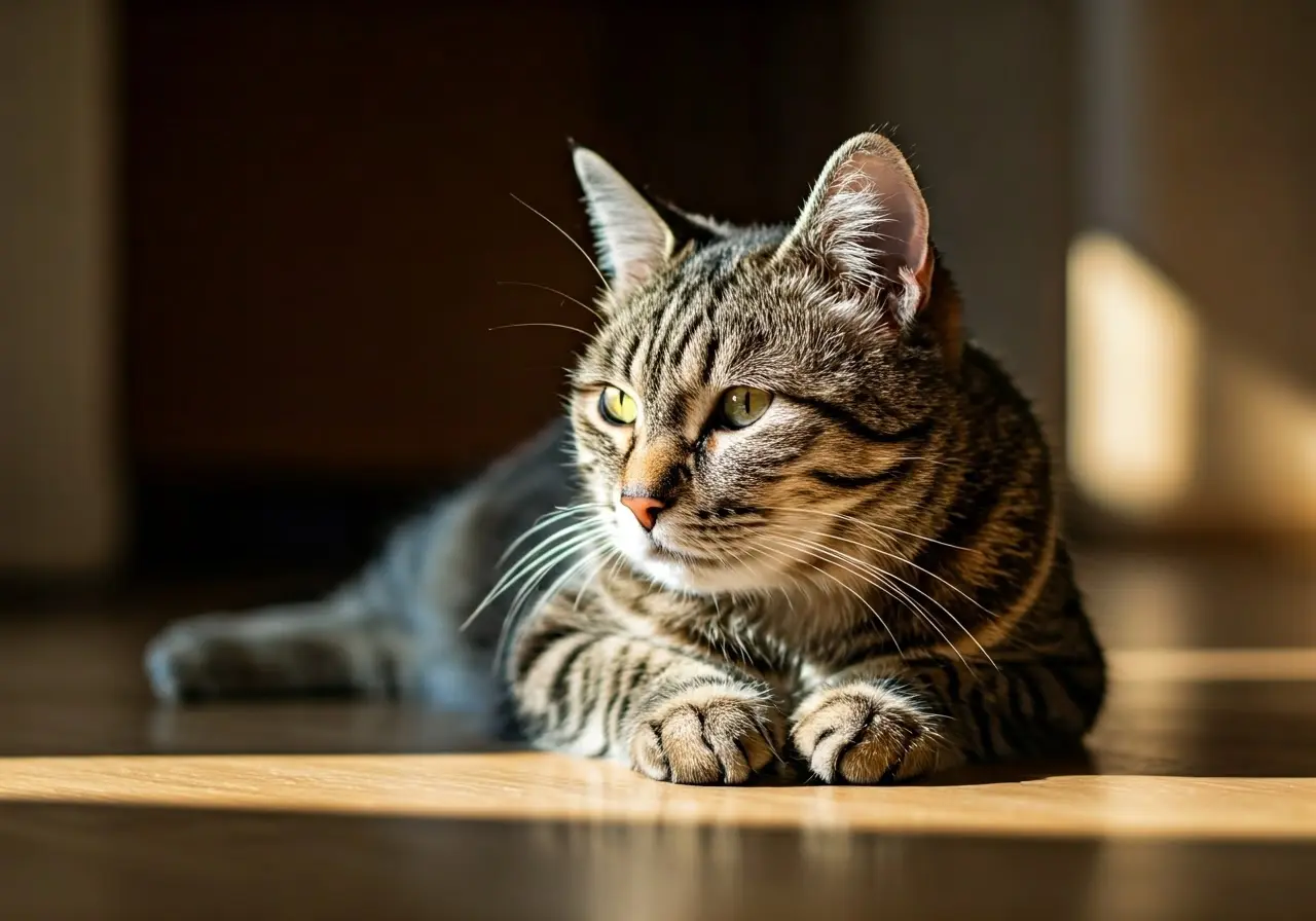 A serene senior cat lounging in a sunlit living room. 35mm stock photo