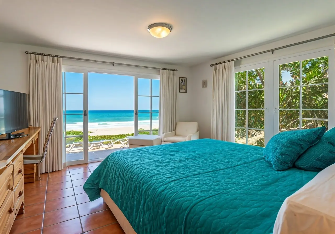 A well-organized beachfront rental with modern decor and amenities. 35mm stock photo