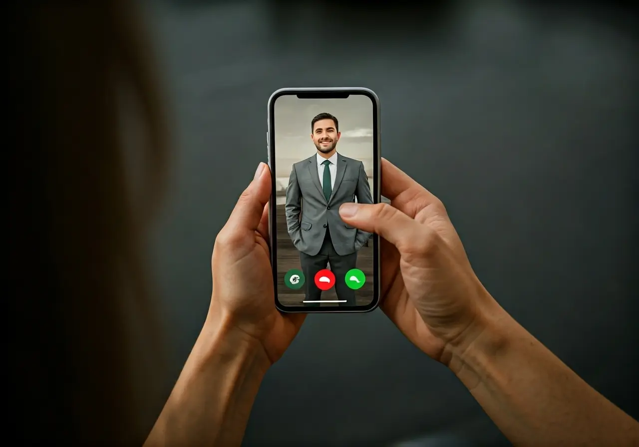 Two hands holding a smartphone displaying a video call. 35mm stock photo