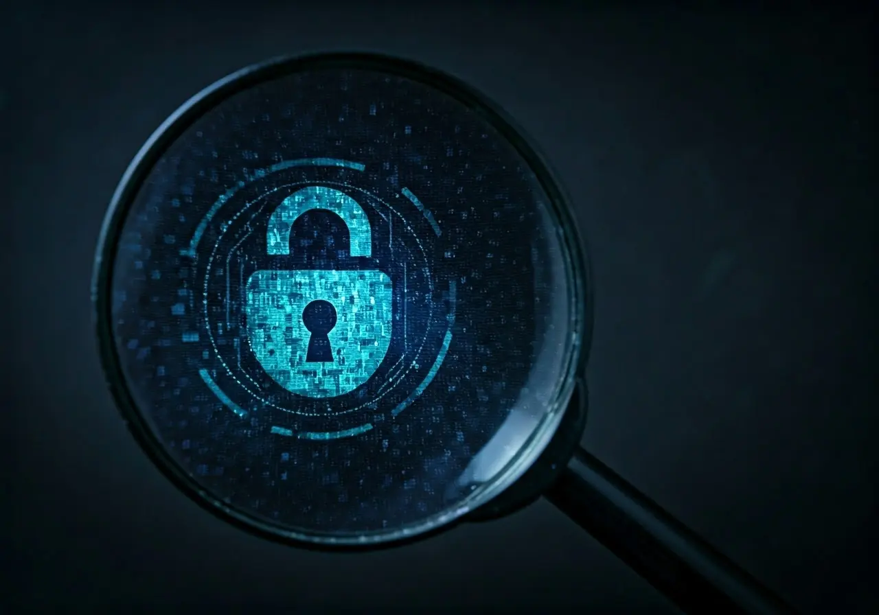 Magnifying glass over a digital lock symbol on a screen. 35mm stock photo