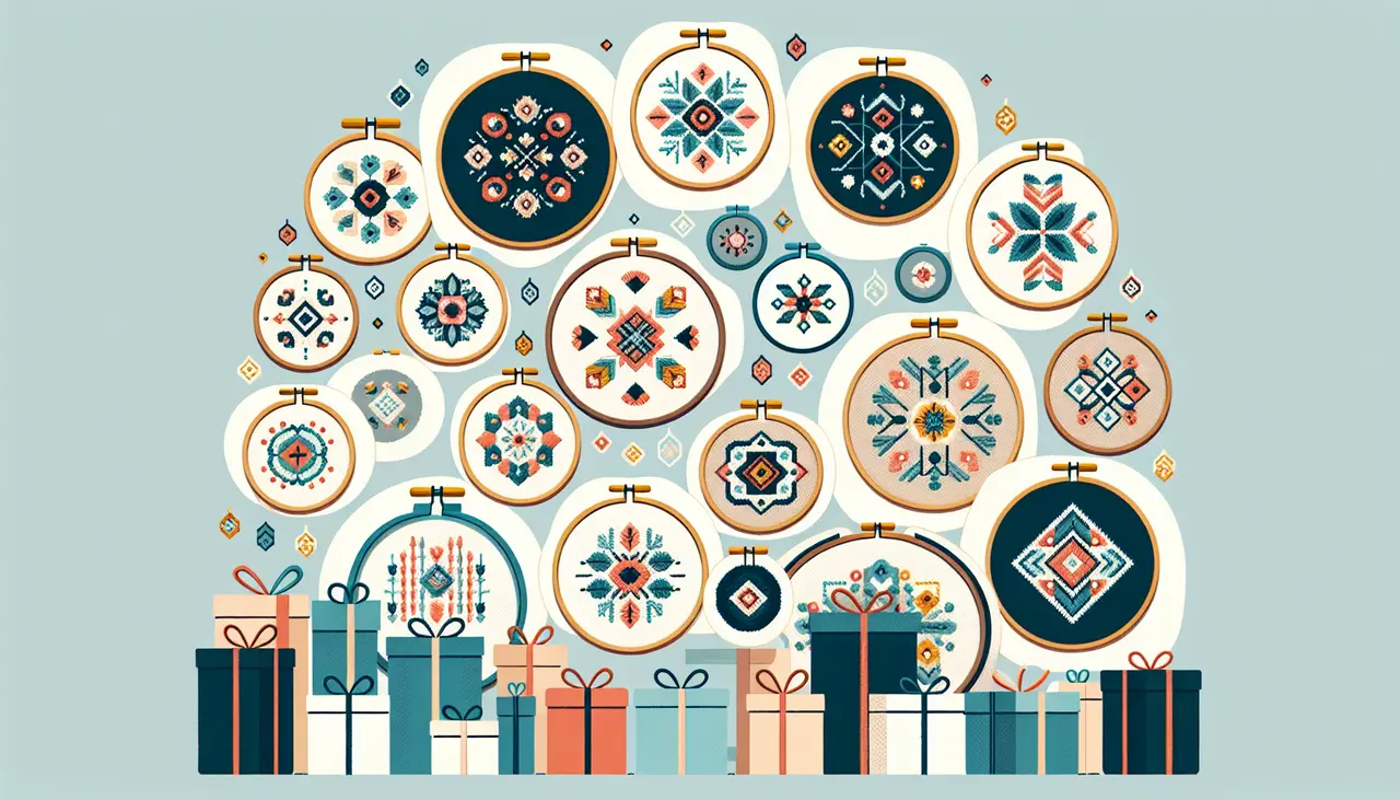 Draw a graphic in flat design style. A flat design illustration of a neatly arranged collection of embroidery hoops showcasing different patterns, surrounded by minimalistic gift boxes.