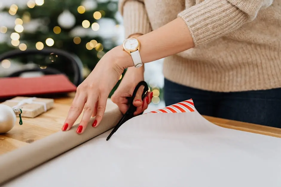 Close-up of hands wrapping a Christmas gift with scissors and paper on a wooden table.