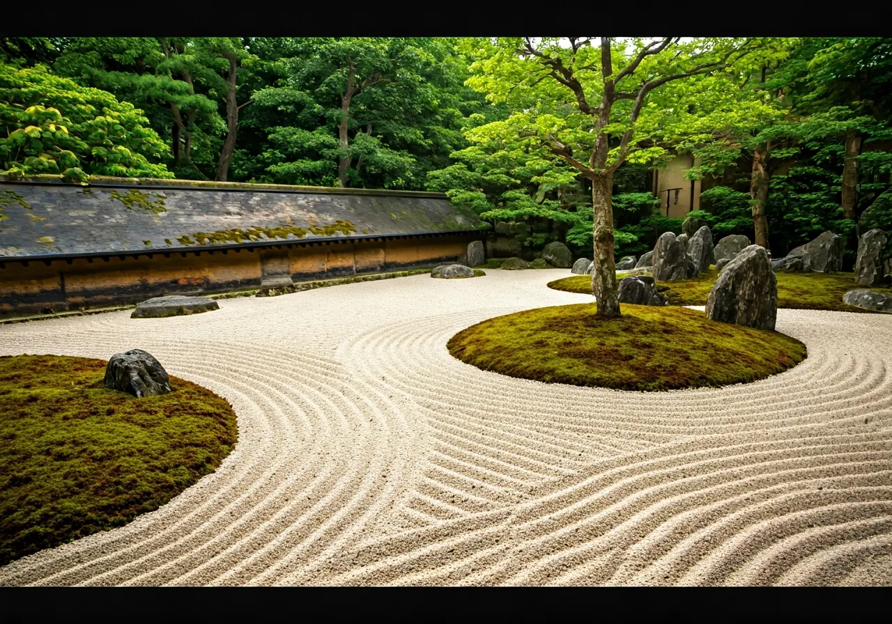 A serene zen garden with raked sand and stones. 35mm stock photo