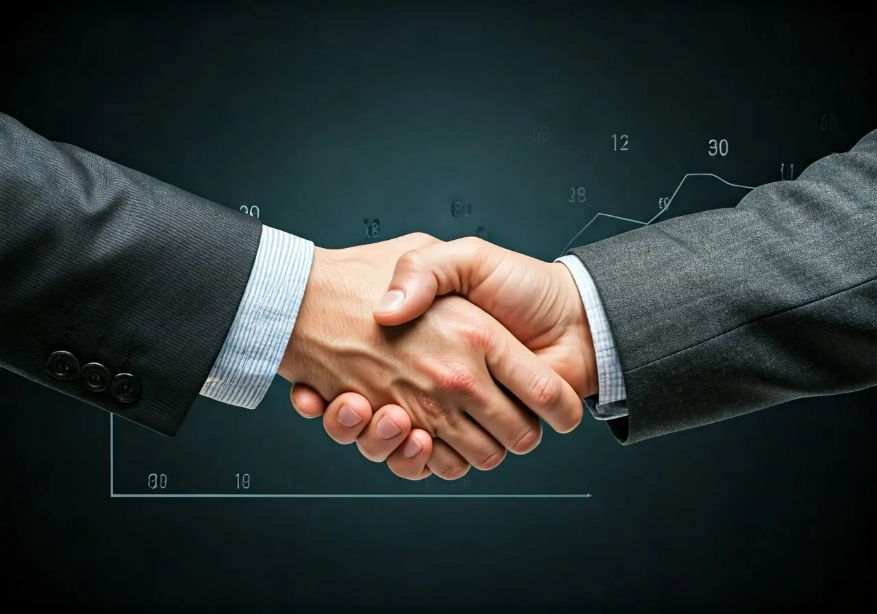 Two hands shaking with a growth chart in background. 35mm stock photo