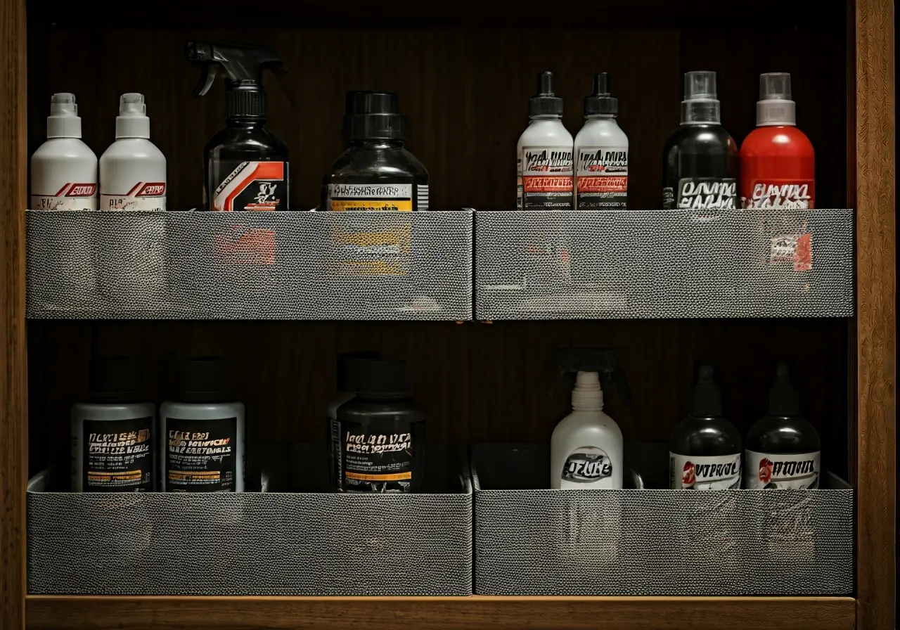 A neatly organized shelf filled with auto detailing supplies. 35mm stock photo