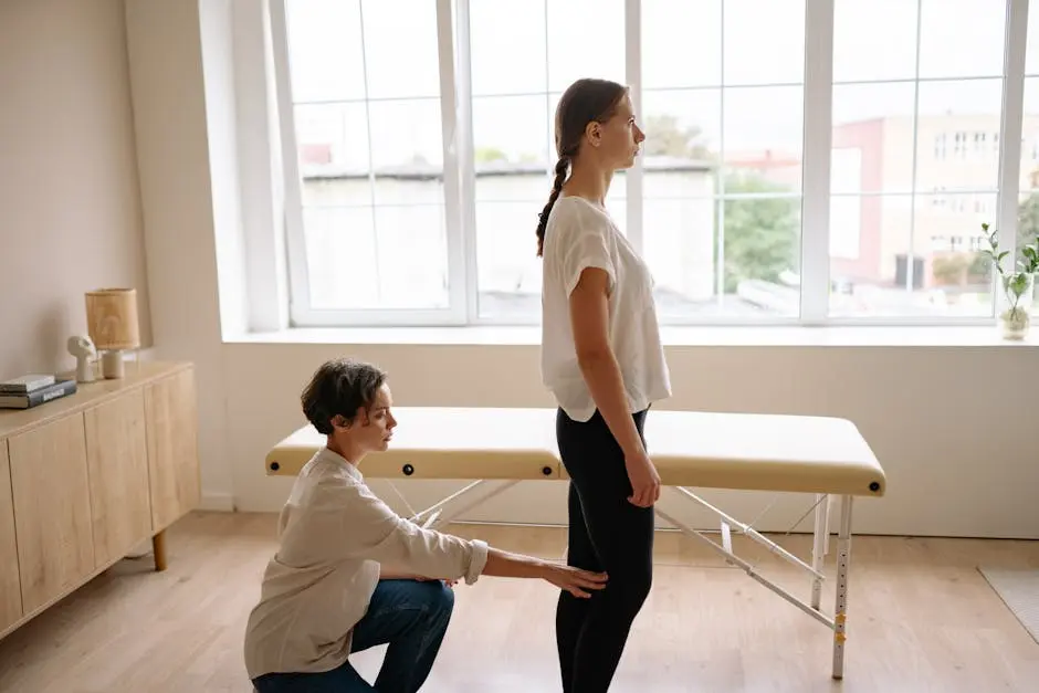 A physiotherapist assessing a client&rsquo;s posture in a bright, modern clinic.
