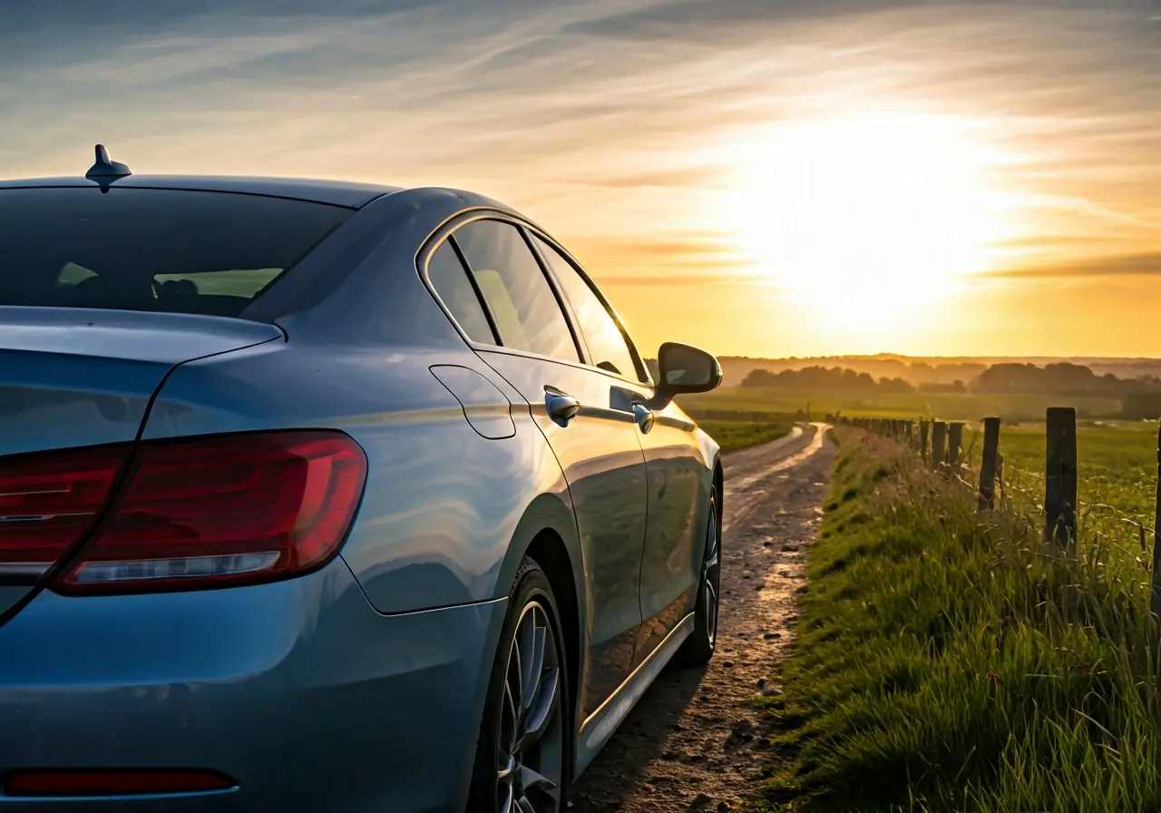 A clean, shiny car reflecting sunlight in a scenic UK landscape. 35mm stock photo
