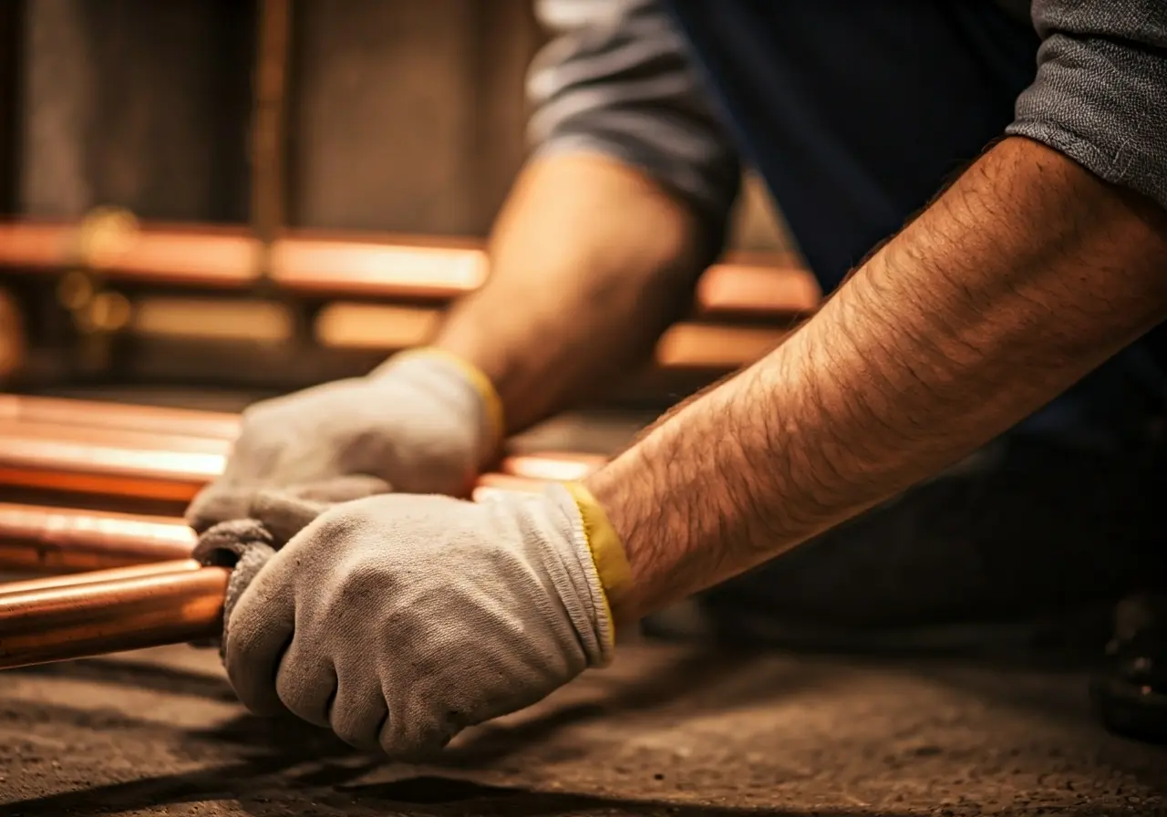 Close-up of plumber working with copper pipes in a basement. 35mm stock photo