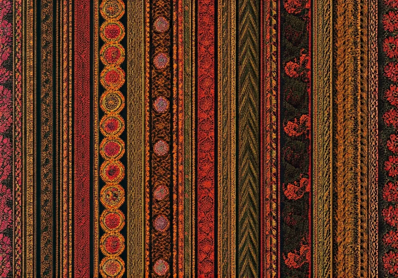 A colorful array of diverse embroidery patterns showcased on fabric. 35mm stock photo