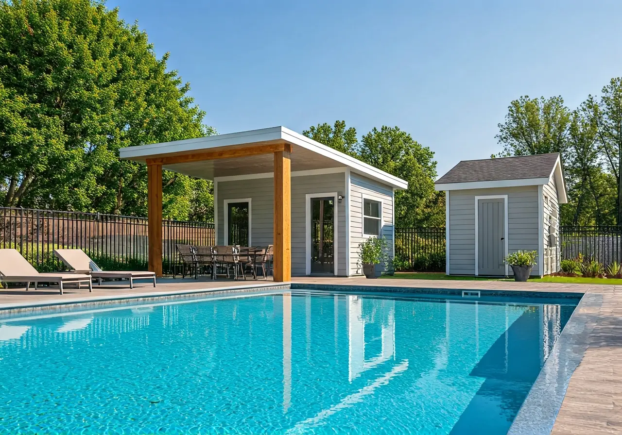 A modern pool house beside a pristine backyard swimming pool. 35mm stock photo