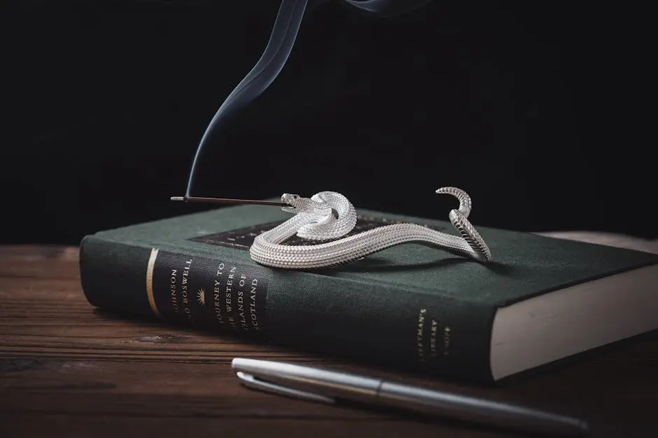 Luxurious silver snake incense holder on a classic book, exuding sophistication and elegance.