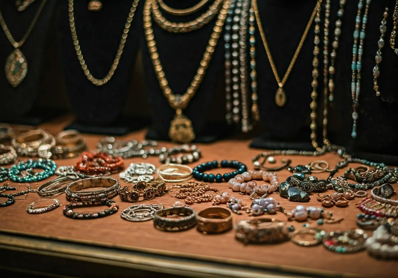 A variety of jewelry displayed on a wooden pawn shop counter. 35mm stock photo