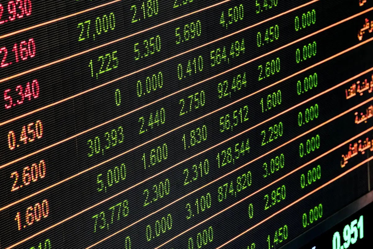 Detailed view of a stock market screen showing numbers and data, symbolizing financial trading, small business.
