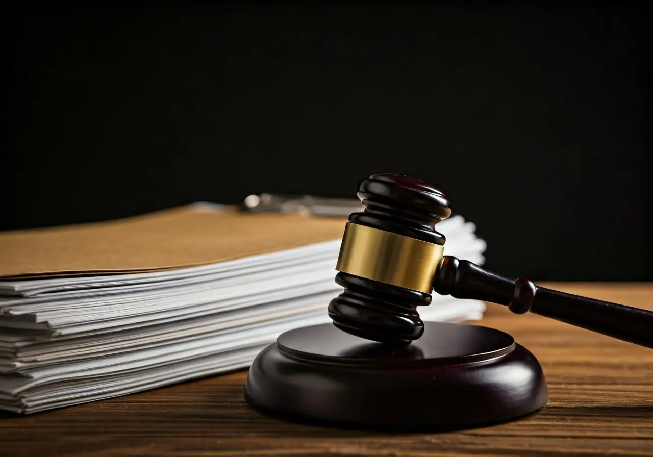A gavel resting on a stack of legal documents. 35mm stock photo