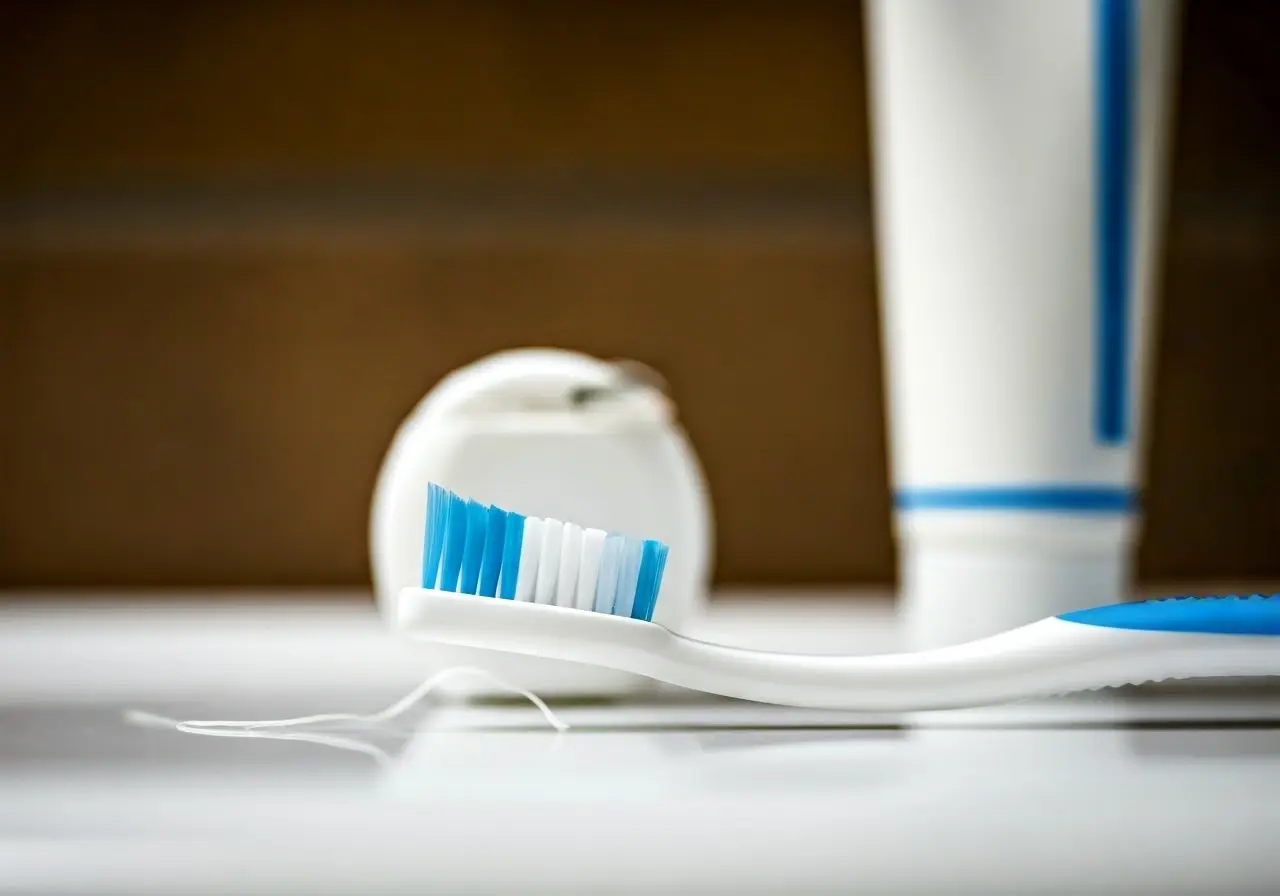 A toothbrush, dental floss, and toothpaste on a bathroom counter. 35mm stock photo