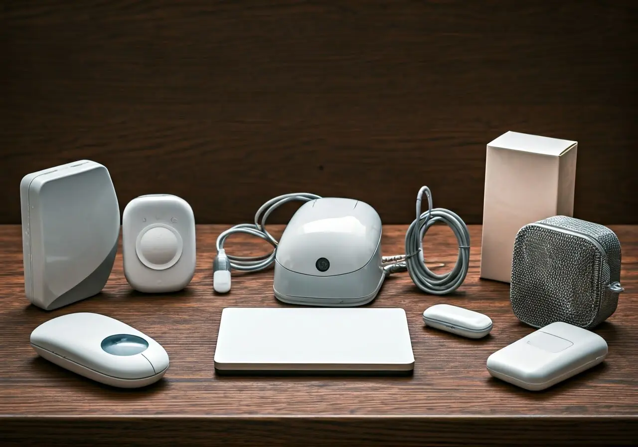 A variety of EMF protection gadgets displayed on a wooden table. 35mm stock photo