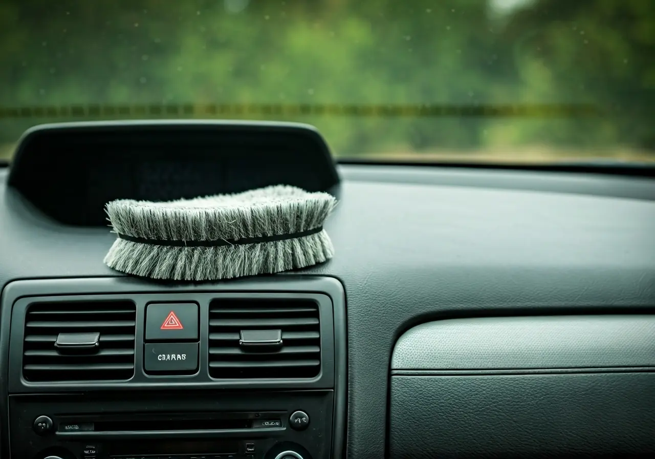 A clean car dashboard with essential car care tools visible. 35mm stock photo