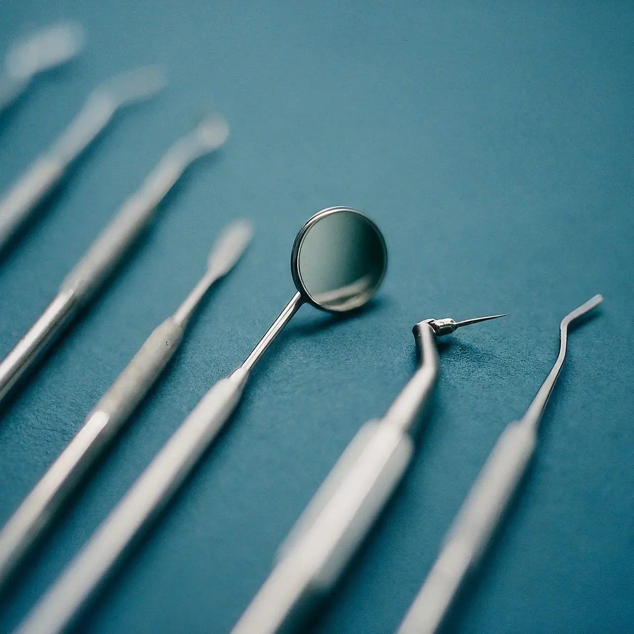 Various dental tools arranged neatly on a blue surface. 35mm stock photo