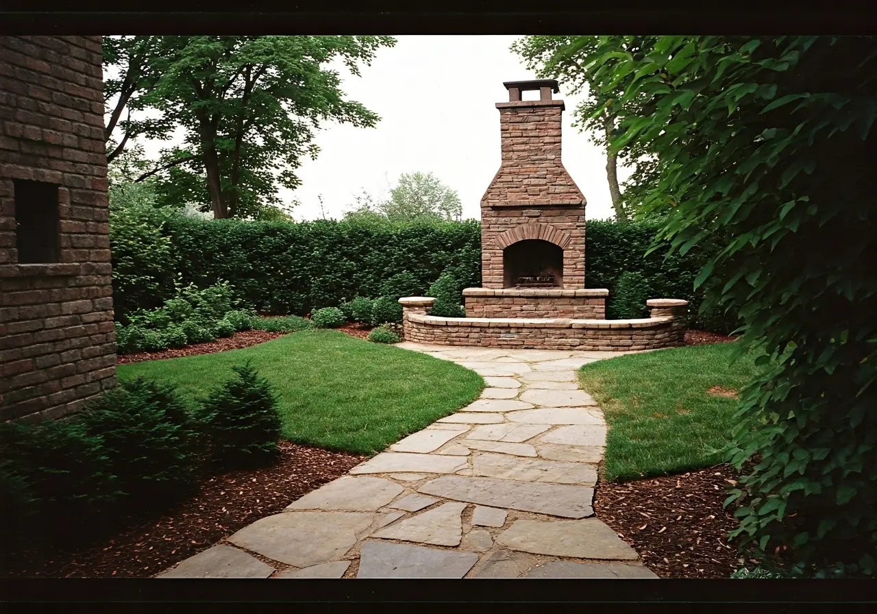 A serene backyard with stone pathways and a masonry fireplace. 35mm stock photo