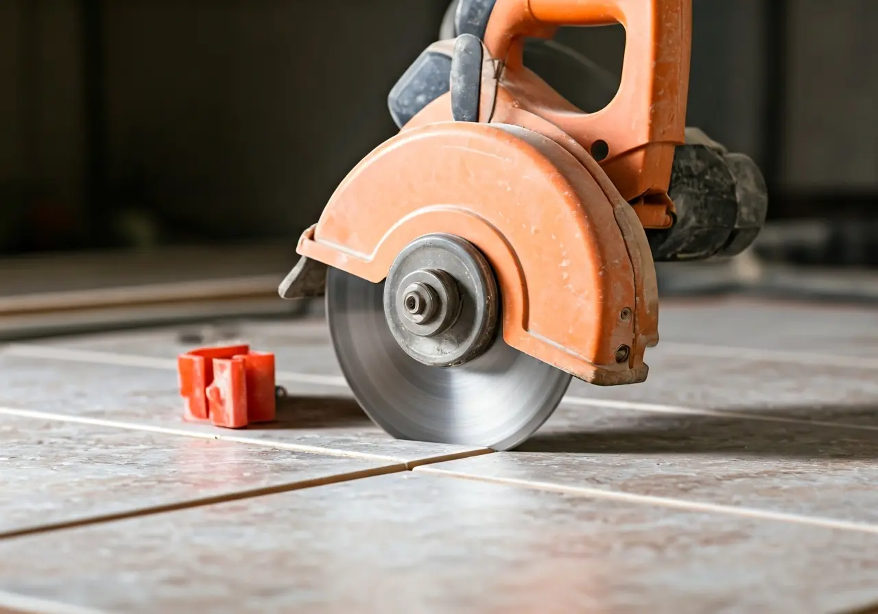 A close-up of a tile saw cutting a ceramic tile. 35mm stock photo