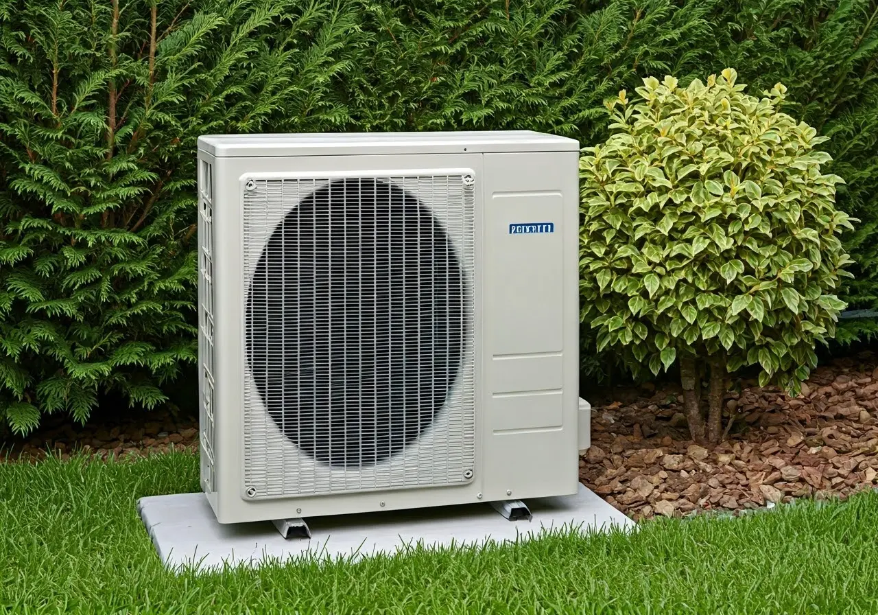 A modern heat pump installed in a residential backyard. 35mm stock photo