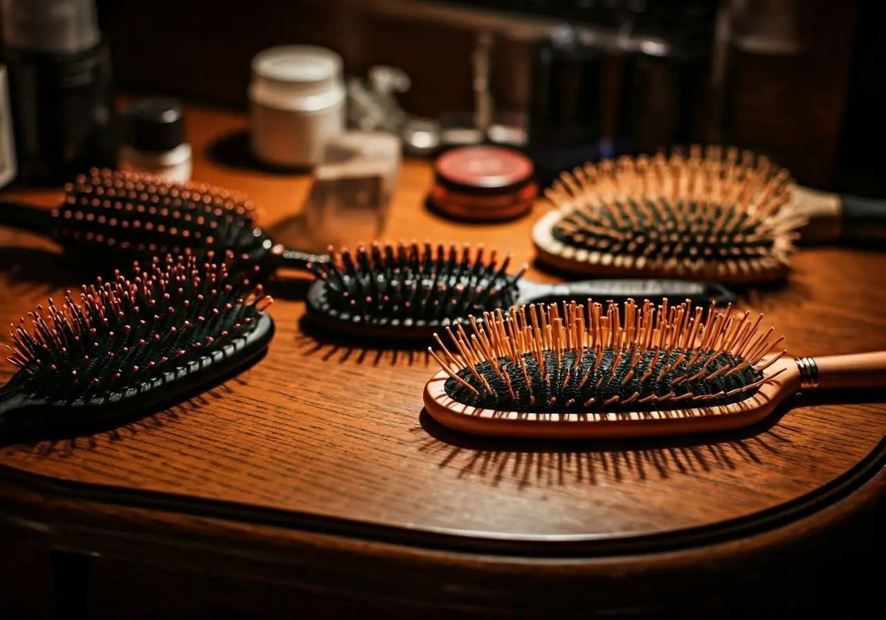 Various hairbrushes displayed on a wooden vanity table. 35mm stock photo