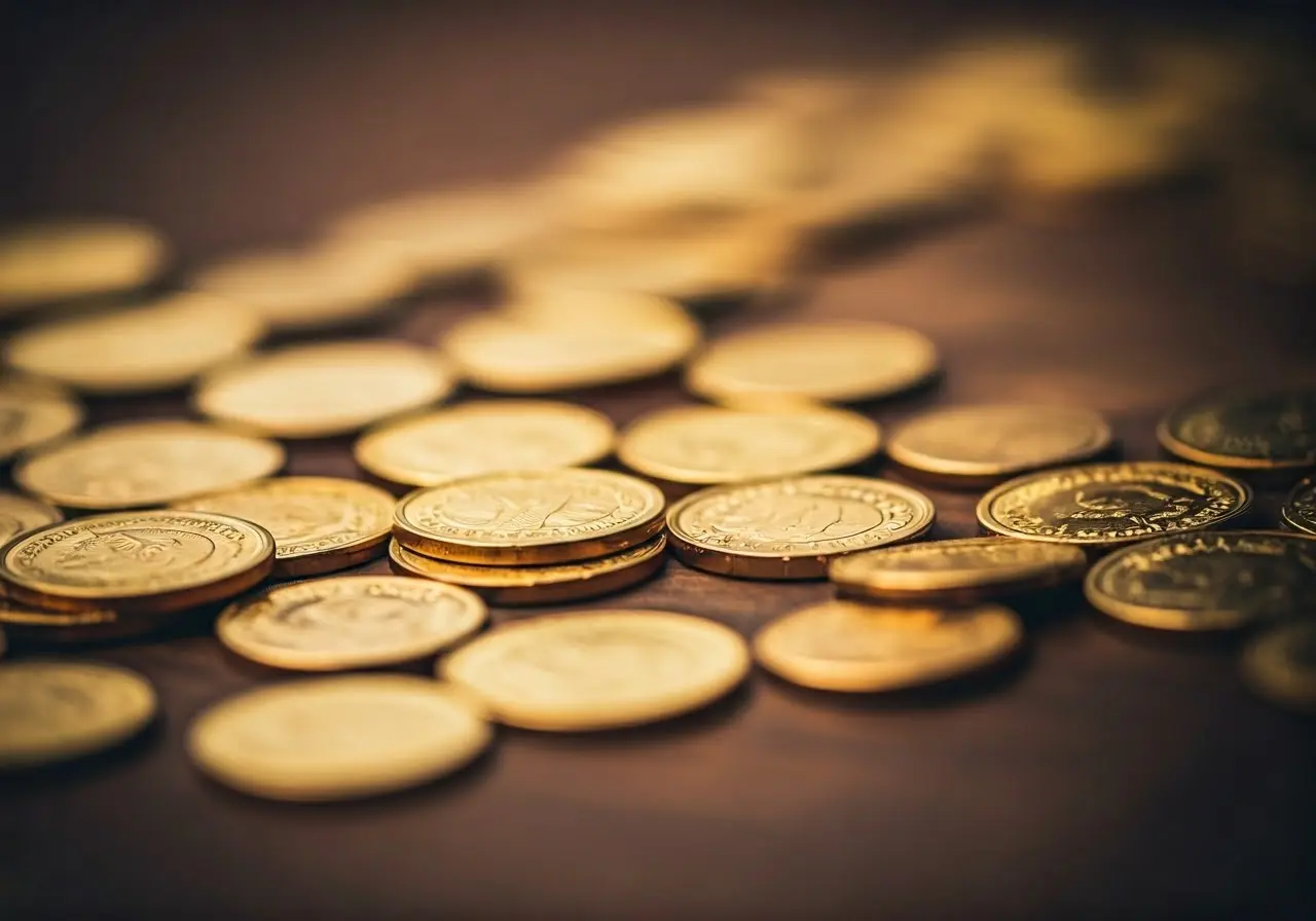 A close-up of gleaming gold coins displayed on a table. 35mm stock photo