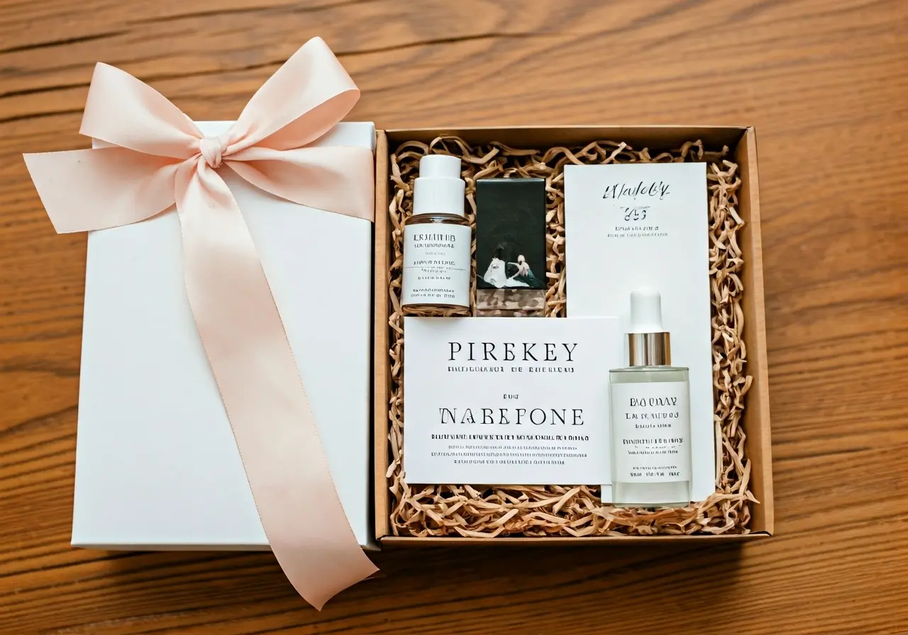 A beautifully arranged bridal subscription box with elegant items. 35mm stock photo