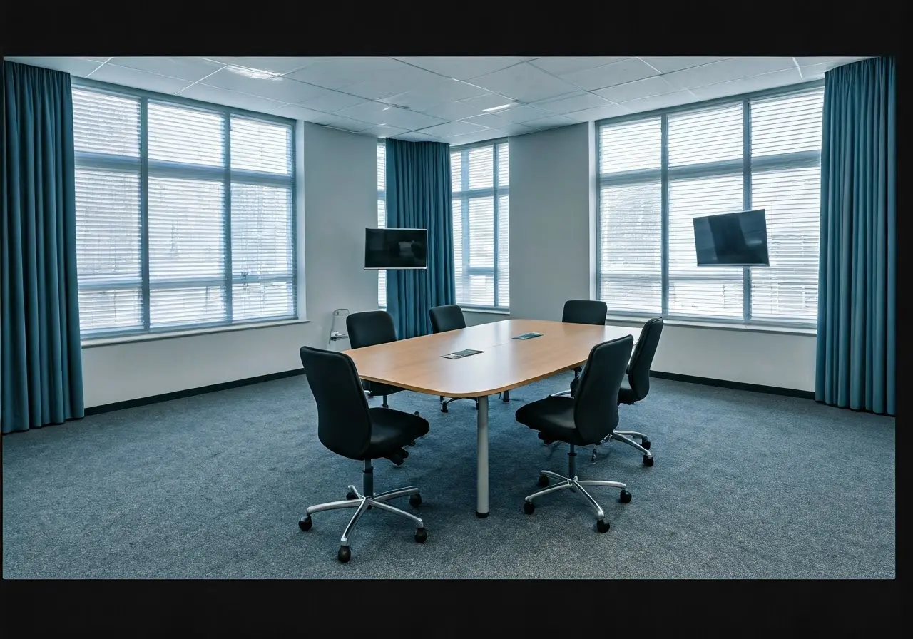 An empty conference room with modern tech equipment displayed. 35mm stock photo