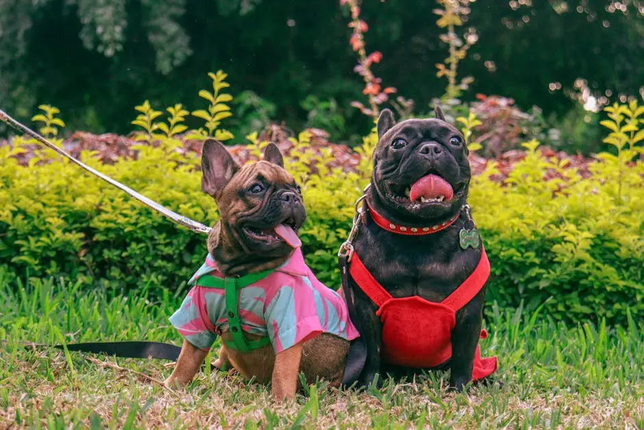 Adorable French Bulldogs sitting on grass in vibrant outfits, ready for a playful day outdoors.