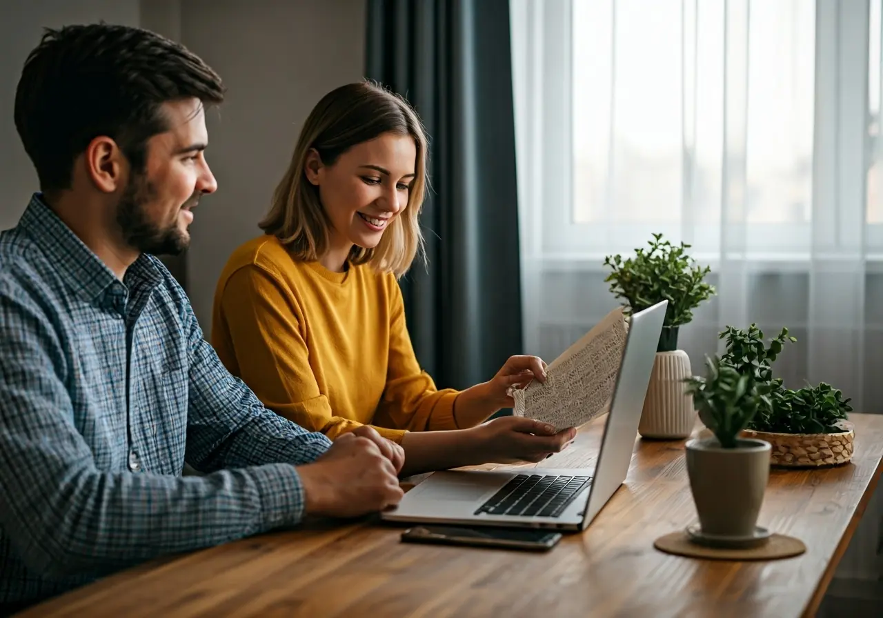 A couple video chatting on a laptop at home. 35mm stock photo