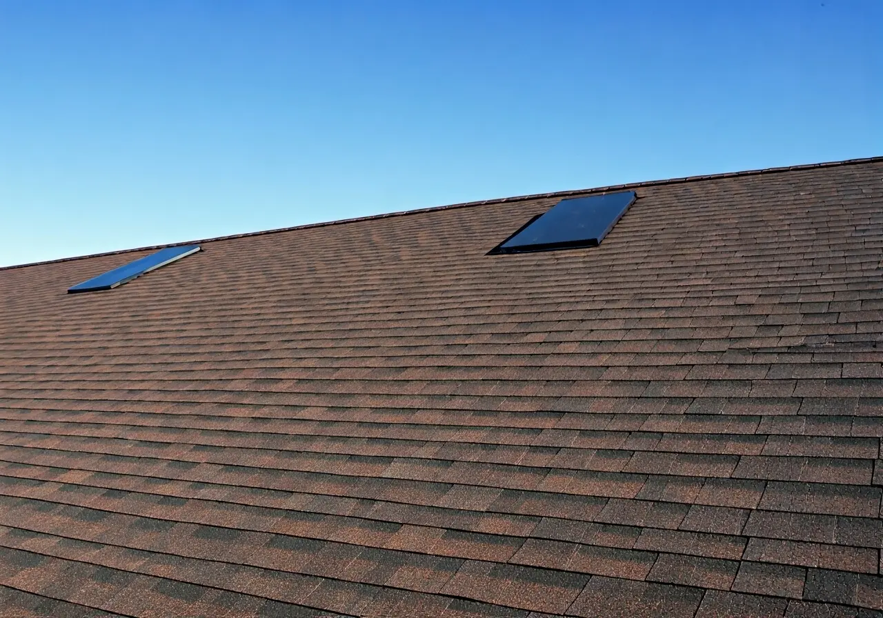 A rooftop with newly installed composite shingles under a clear sky. 35mm stock photo