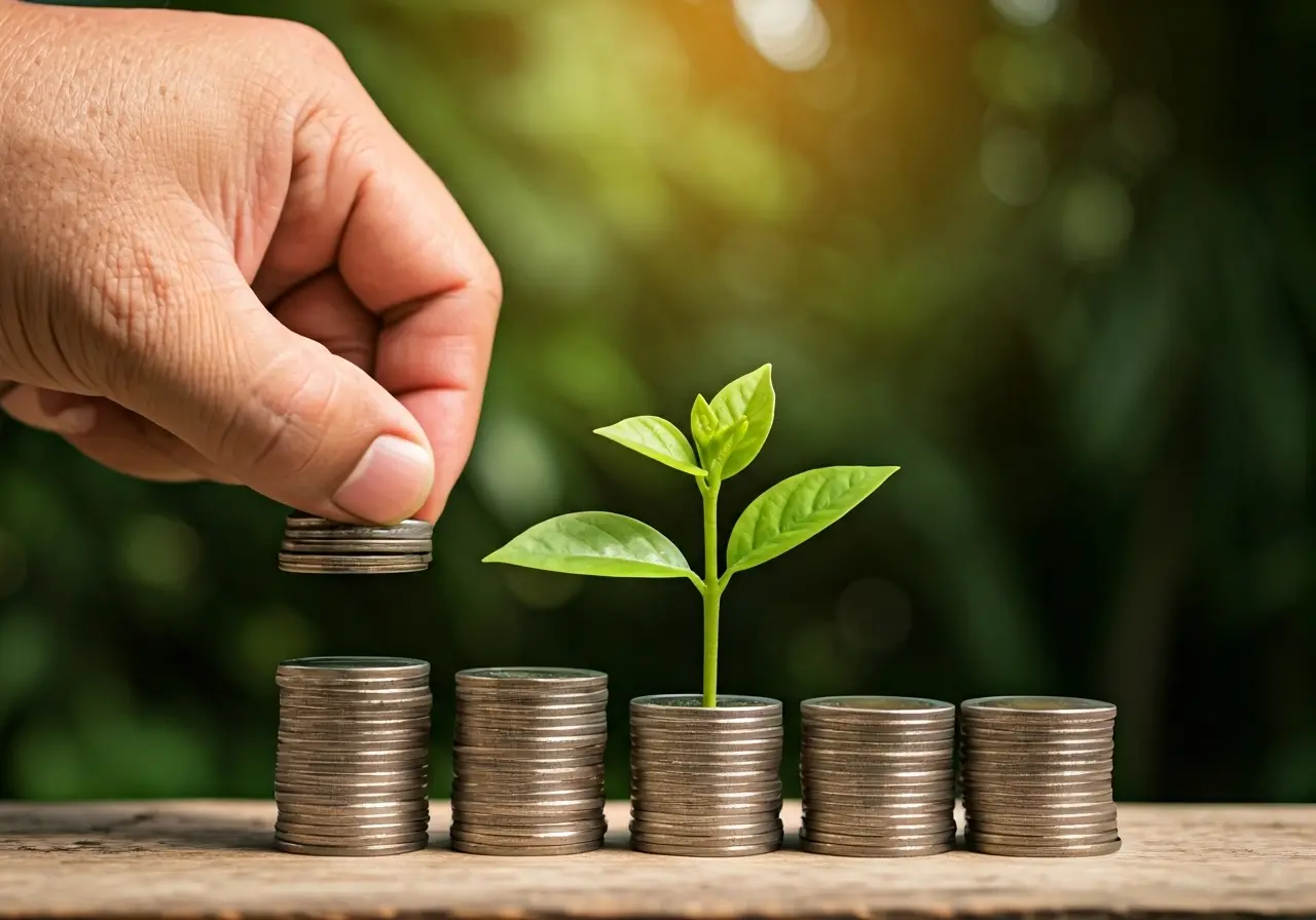 A hand stacking coins next to a small, growing plant. 35mm stock photo