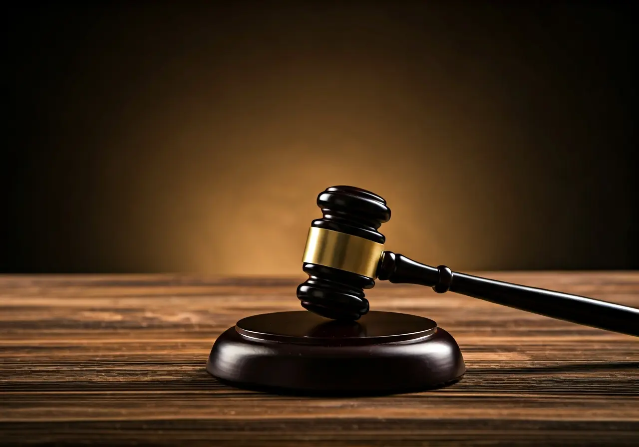 A gavel and auction paddle on a wooden table. 35mm stock photo